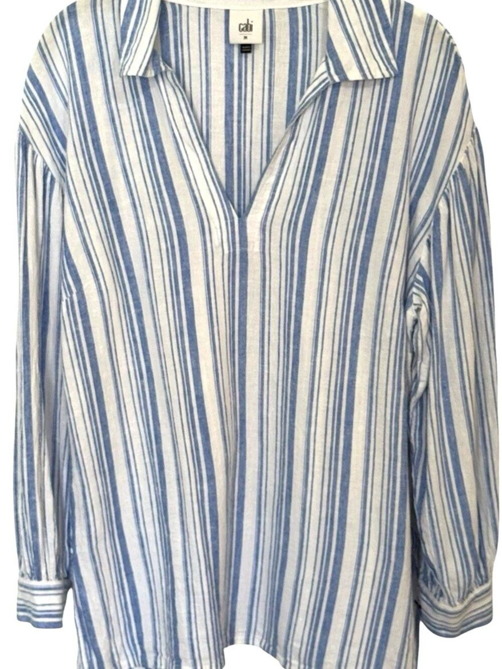 Cabi Linen Blend Shirt Women Size M Blue White Stripe V-Neck Long Sleeve Beach